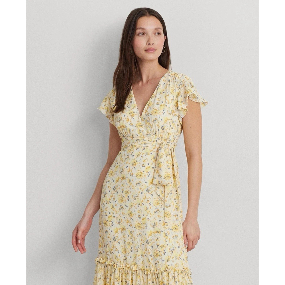 Lauren Ralph Women's Florals Georgette Flutter-Sleeve A-Line Dress Sz 14 Yellow - Picture 3 of 16